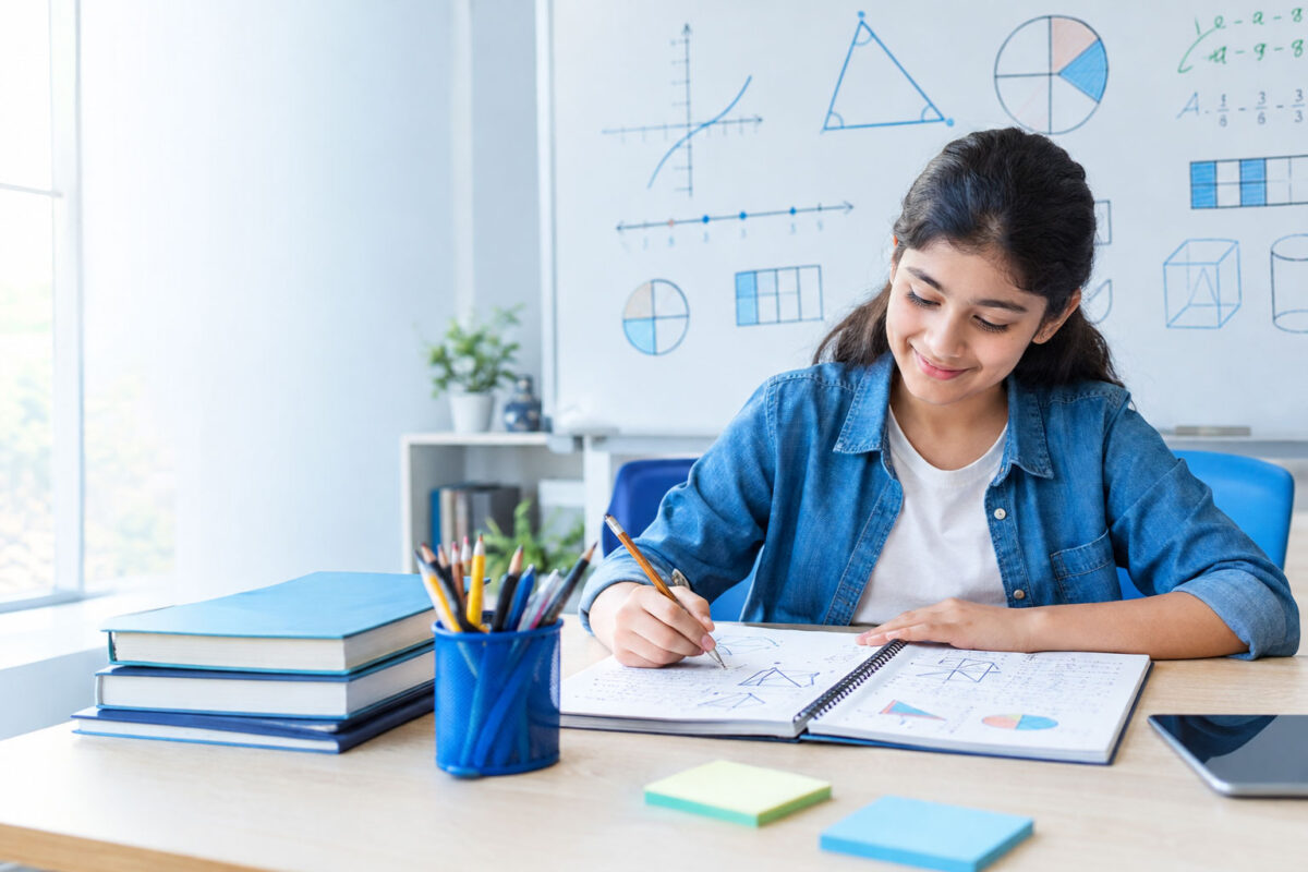 Student using visual learning techniques to understand maths with diagrams and graphs